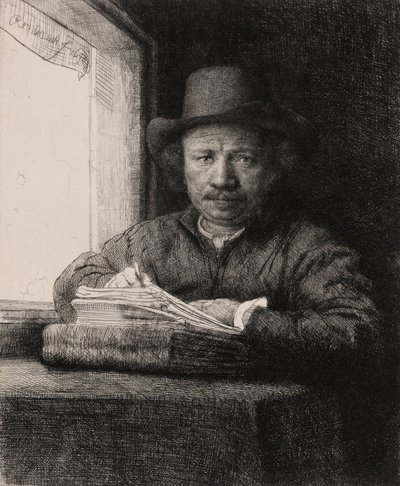 窓際の自画像の描画 作： Rembrandt van Rijn